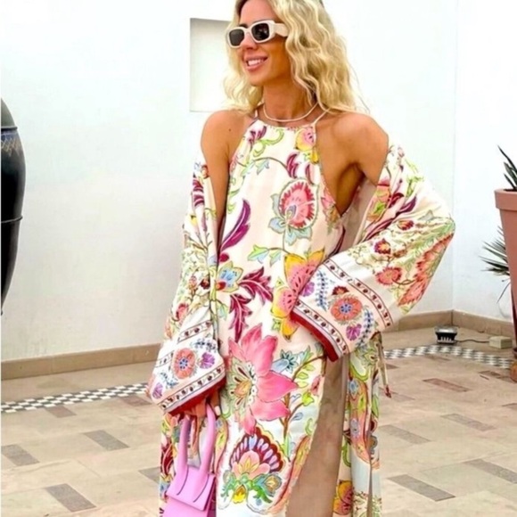 ZARA FLORAL LONG DUSTER XS BLOGGER FAV nwt bohemian festive cottage core floral‎ - Picture 1 of 11